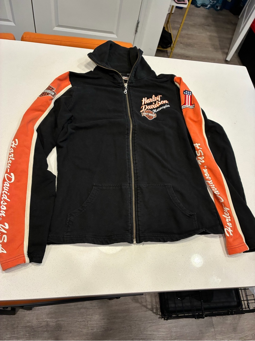 Harley-Davidson Full Zip Jacket Black/Orange USA Flag Patch Sleeve